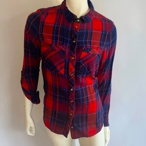 Beautiful red plaid cotton button up blouse with leather details